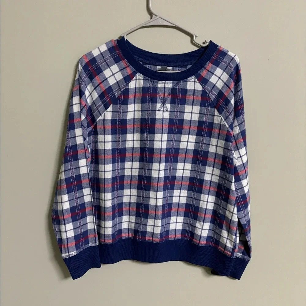 Aerie Flannel Cotton Blue and White Pullover Sweatshirt Size Medium Top
